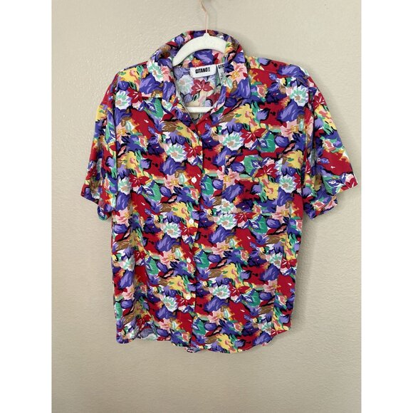 Vintage Gitano Womens Red Blouse L floral short sleeve button up collared cotton - Picture 2 of 6
